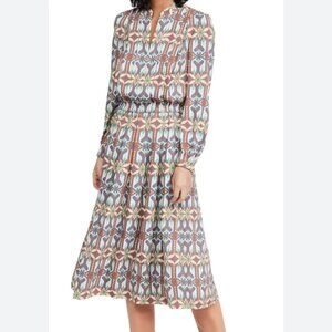 Tory Burch Garden Maze V-neck Long Sleeves Pullover Style Fit Flare Dress Sz 10